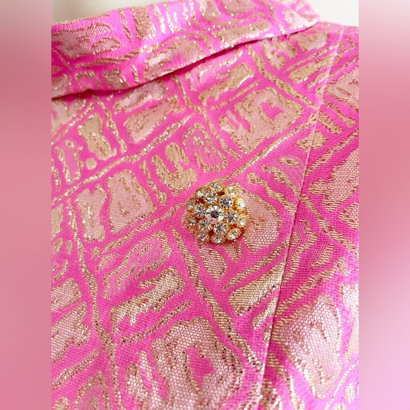 Richard Kaplan 1960s Pink Gold Metallic Thread Belted Vintage Shift Dress - Picture 5 of 16